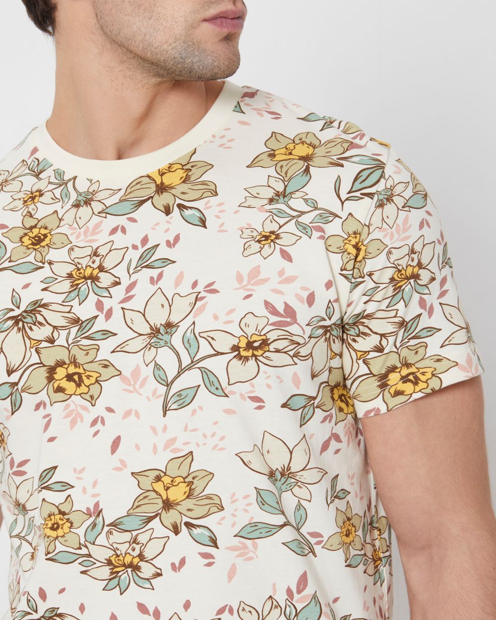 Beige Floral Print Slim Fit Casual T-Shirt