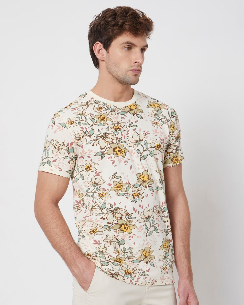 Beige Floral Print Slim Fit Casual T-Shirt