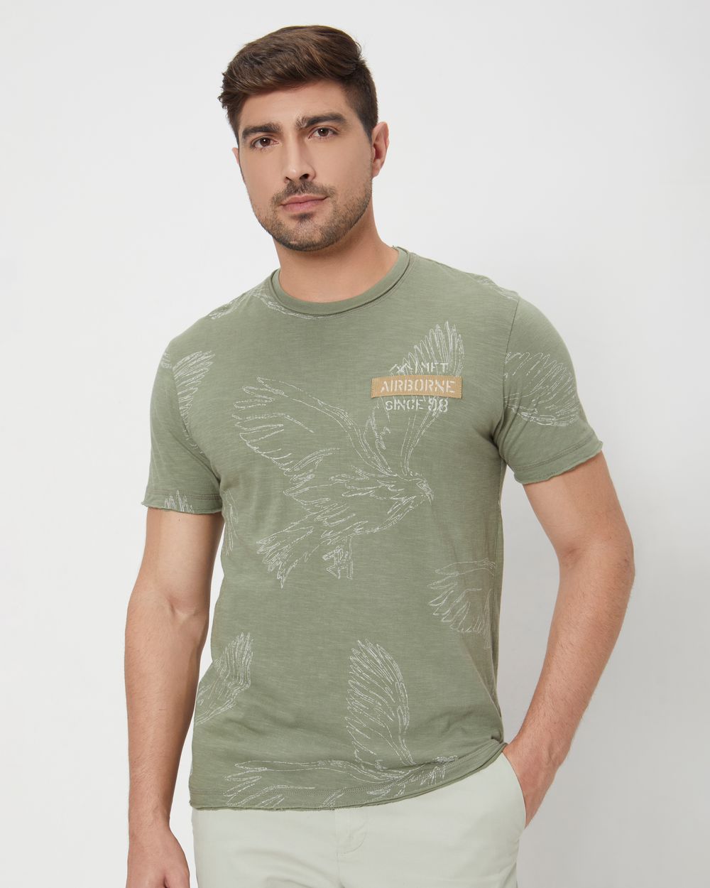 Light Olive Embroidered Print Slim Fit Slub Jersey T-Shirt