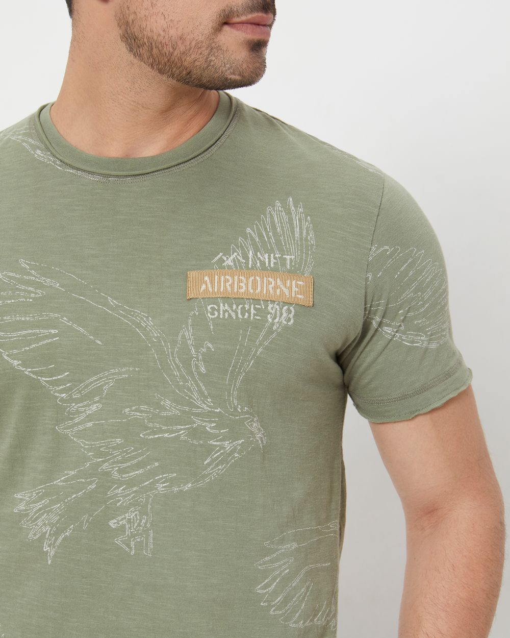 Light Olive Embroidered Print Slim Fit Slub Jersey T-Shirt