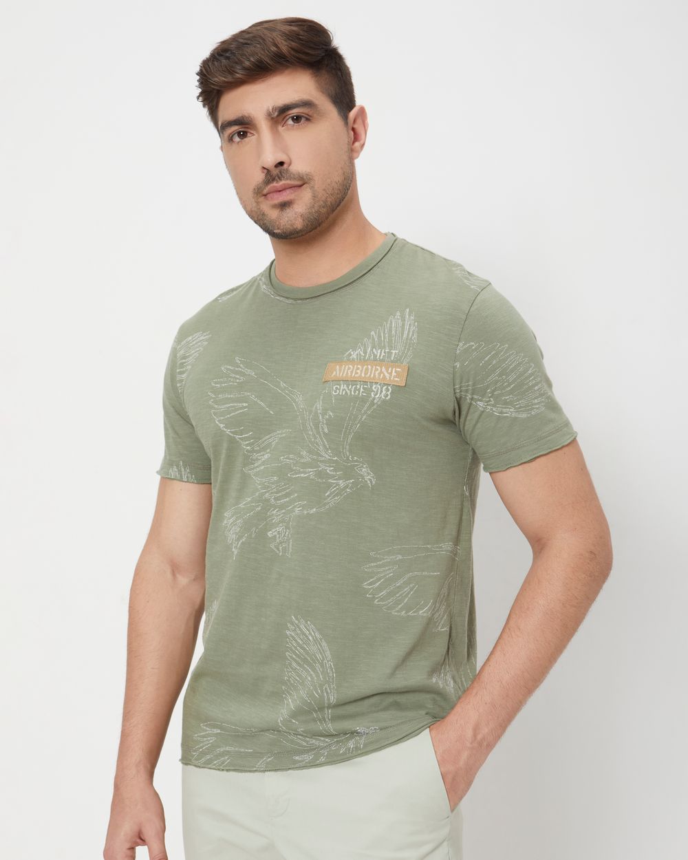 Light Olive Embroidered Print Slim Fit Slub Jersey T-Shirt