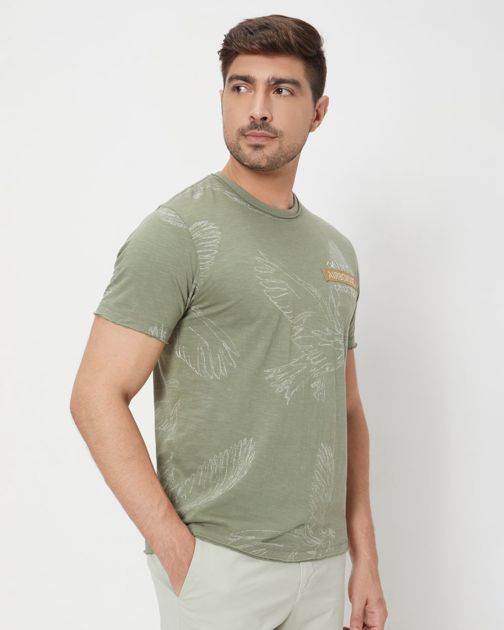 Light Olive Embroidered Print Slim Fit Slub Jersey T-Shirt
