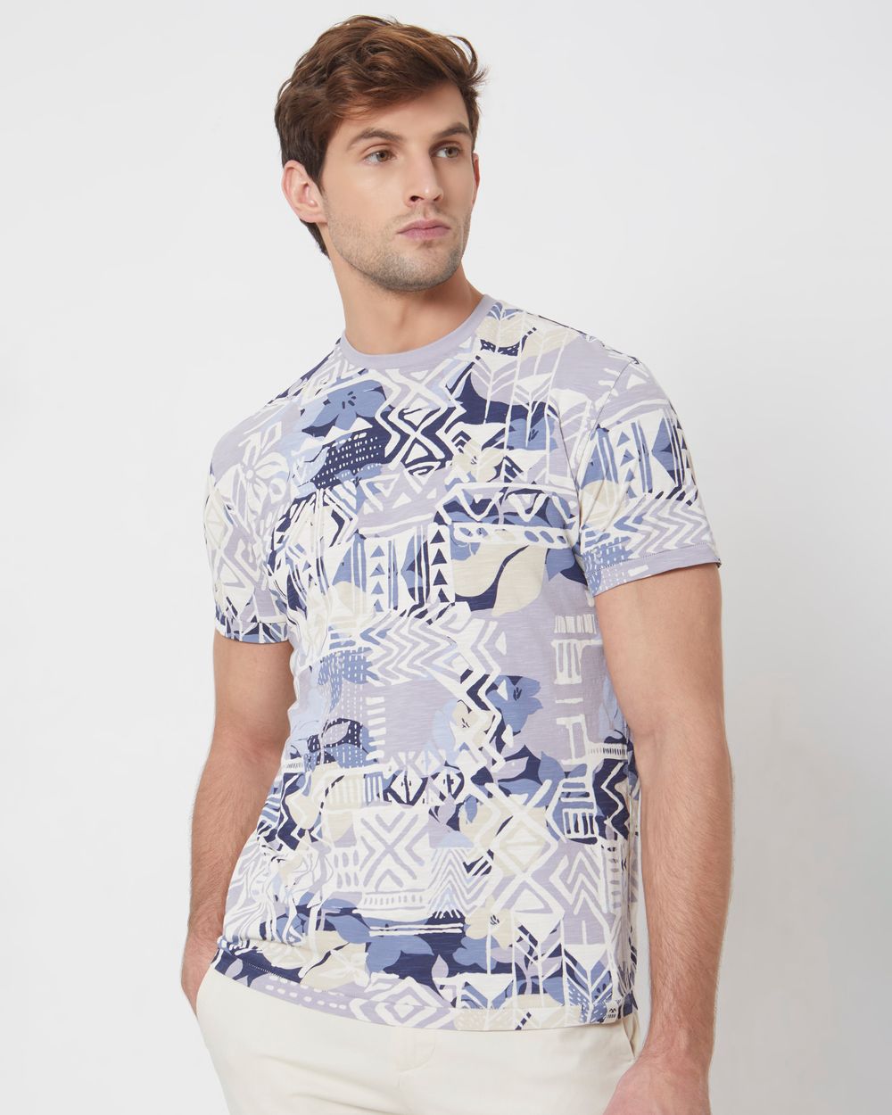 Grey Tribal Print Slim Fit Casual T-Shirt
