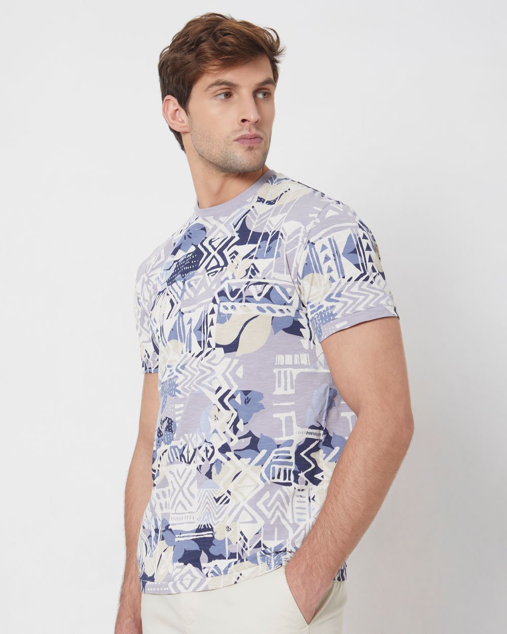 Grey Tribal Print Slim Fit Casual T-Shirt