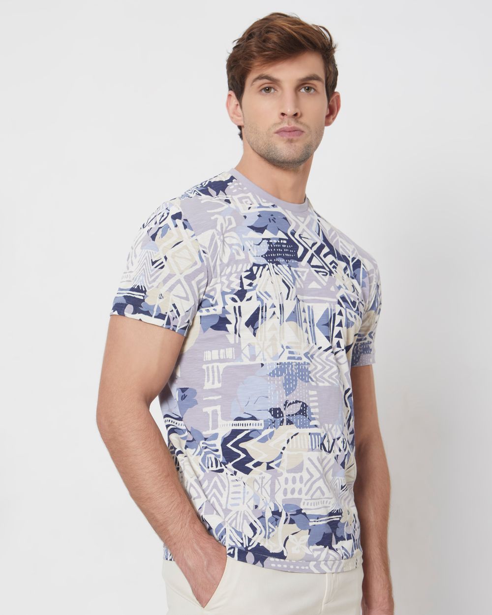 Grey Tribal Print Slim Fit Casual T-Shirt