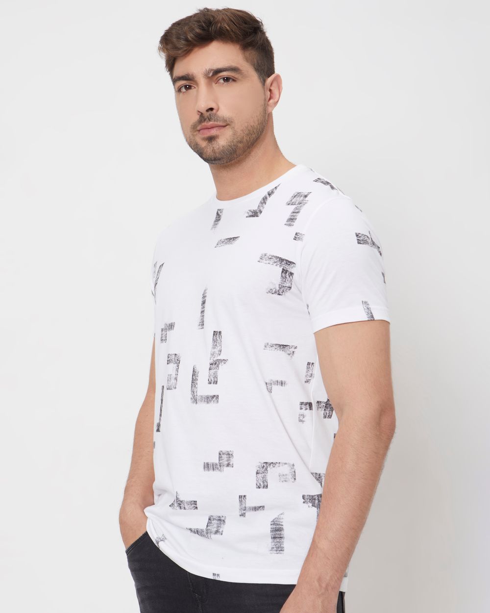 White Geometric Print Slim Fit Jersey T-Shirt