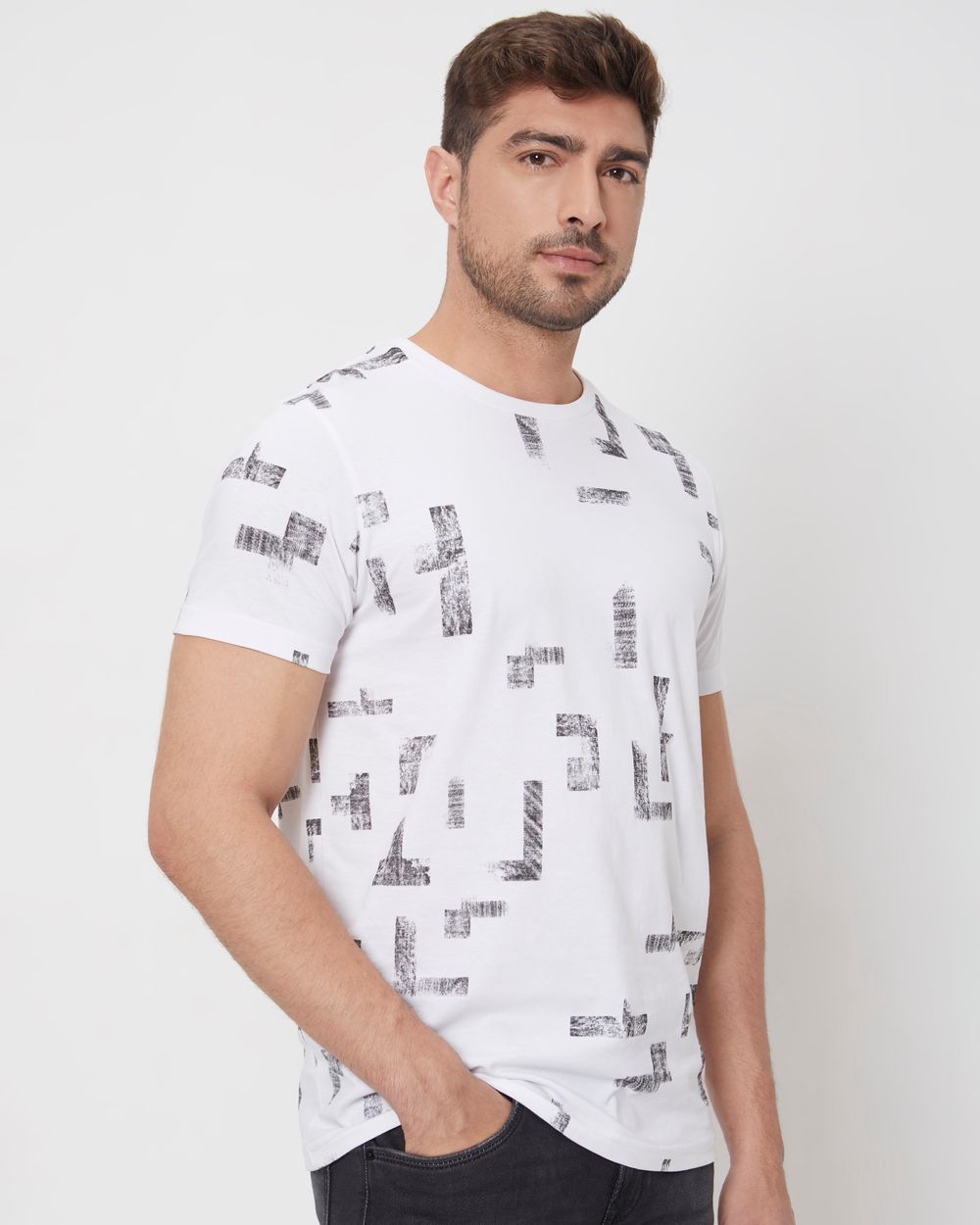 White Geometric Print Slim Fit Jersey T-Shirt
