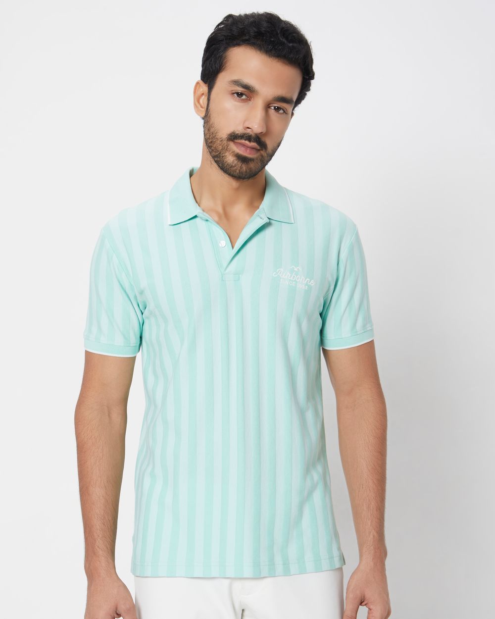 Light Green Textured Stripe Slim Fit Polo T-Shirt
