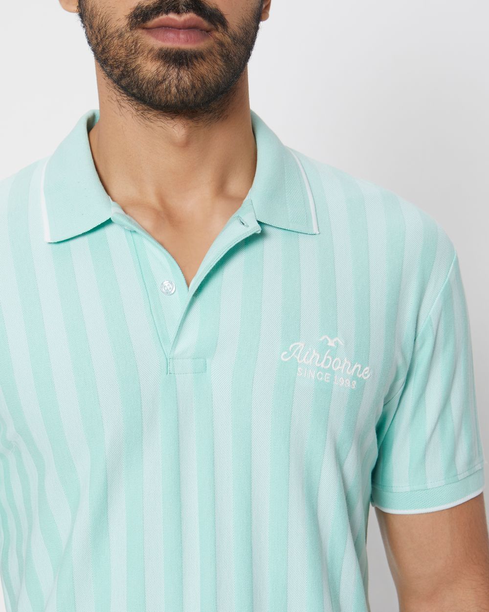 Light Green Textured Stripe Slim Fit Polo T-Shirt