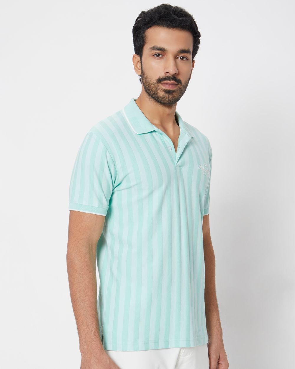 Light Green Textured Stripe Slim Fit Polo T-Shirt