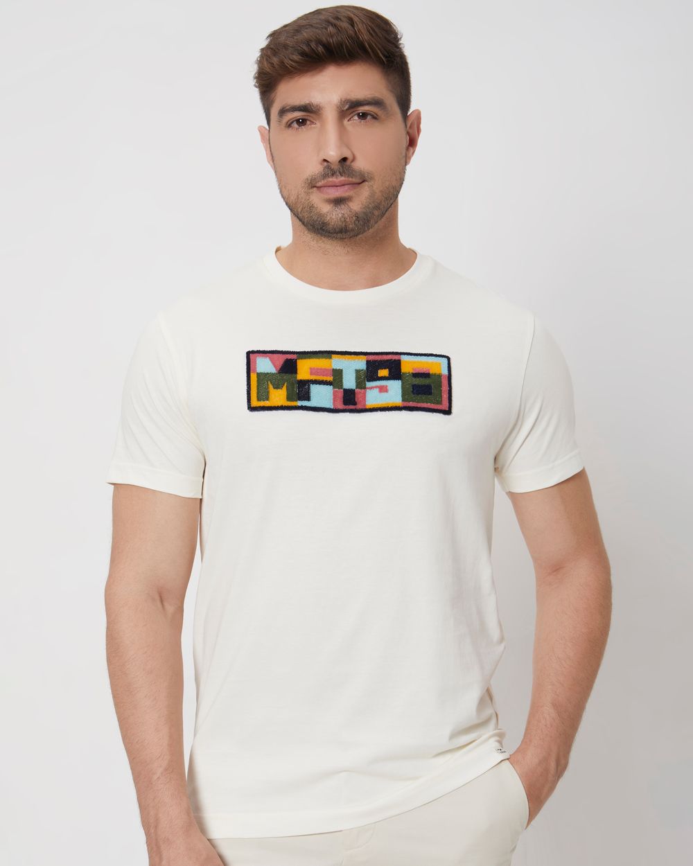 Off White Textured Graphic Slim Fit Jersey T-Shirt