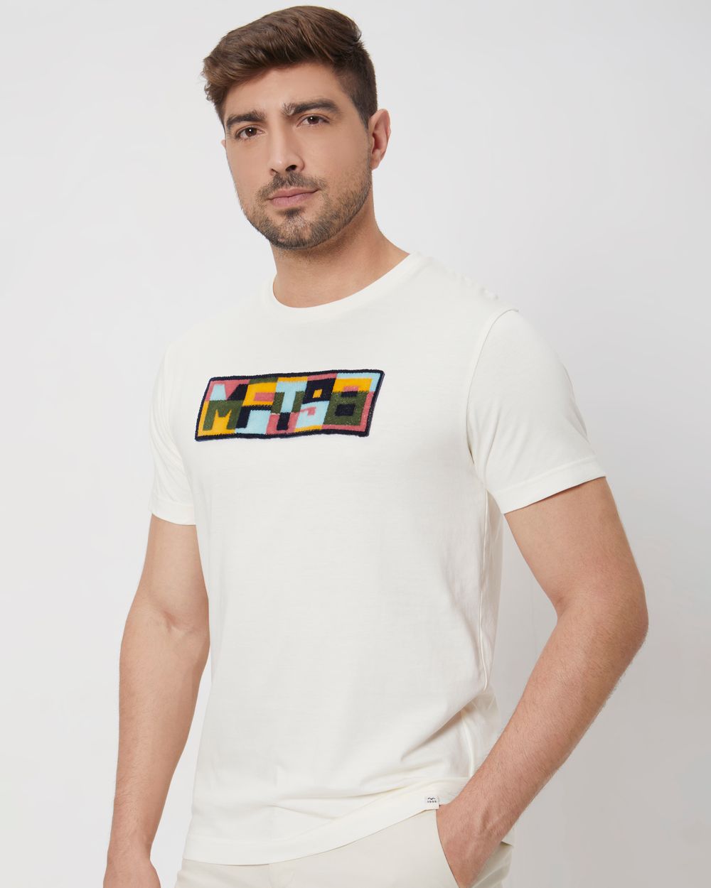 Off White Textured Graphic Slim Fit Jersey T-Shirt