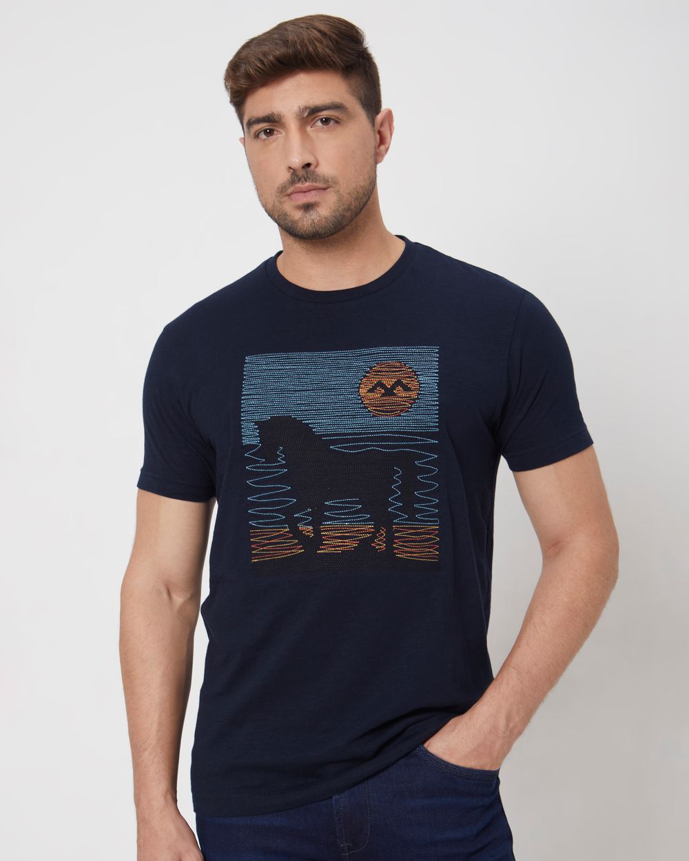 Navy Embroidered Graphic Slim Fit Jersey T-Shirt