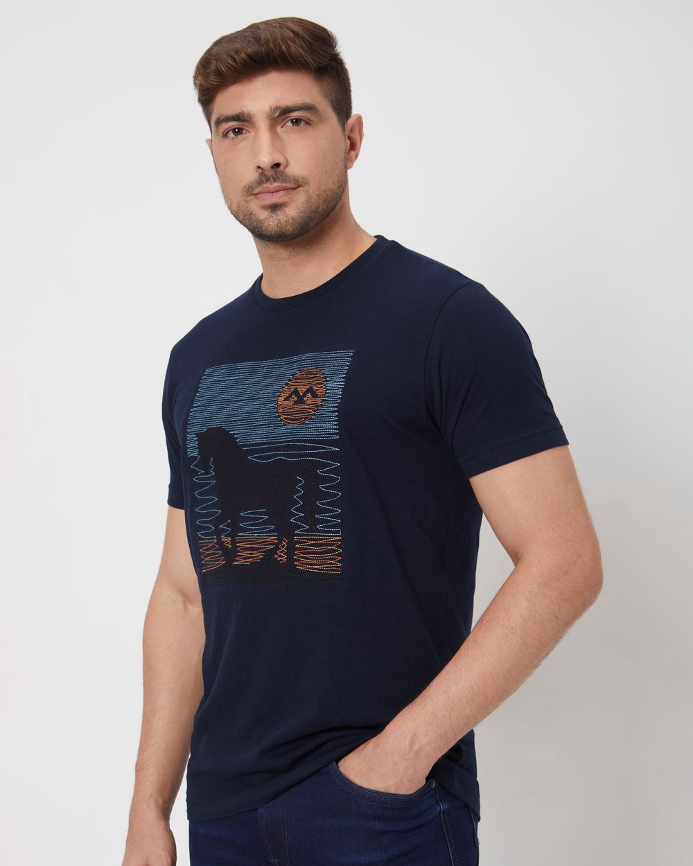 Navy Embroidered Graphic Slim Fit Jersey T-Shirt