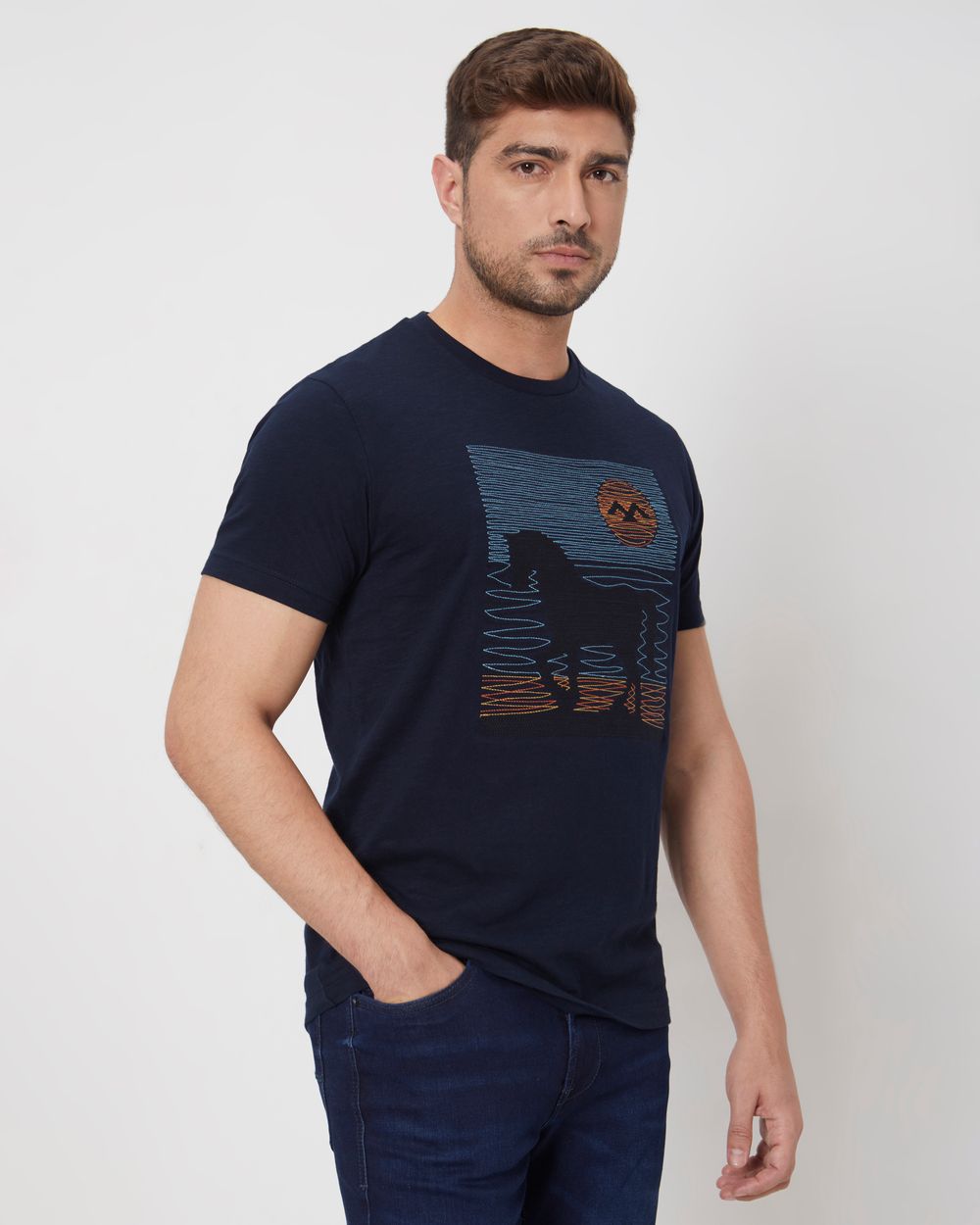 Navy Embroidered Graphic Slim Fit Jersey T-Shirt