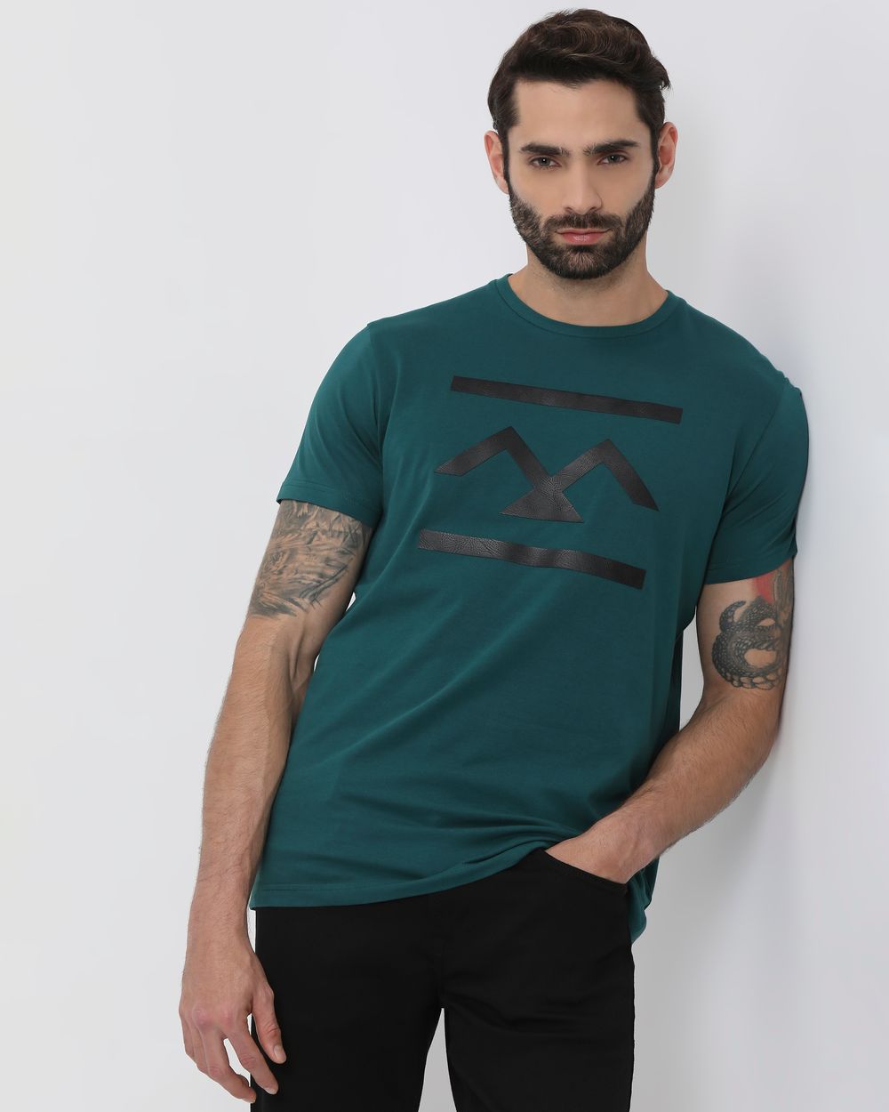 Teal Textured Logo Slim Fit Graphic Tee