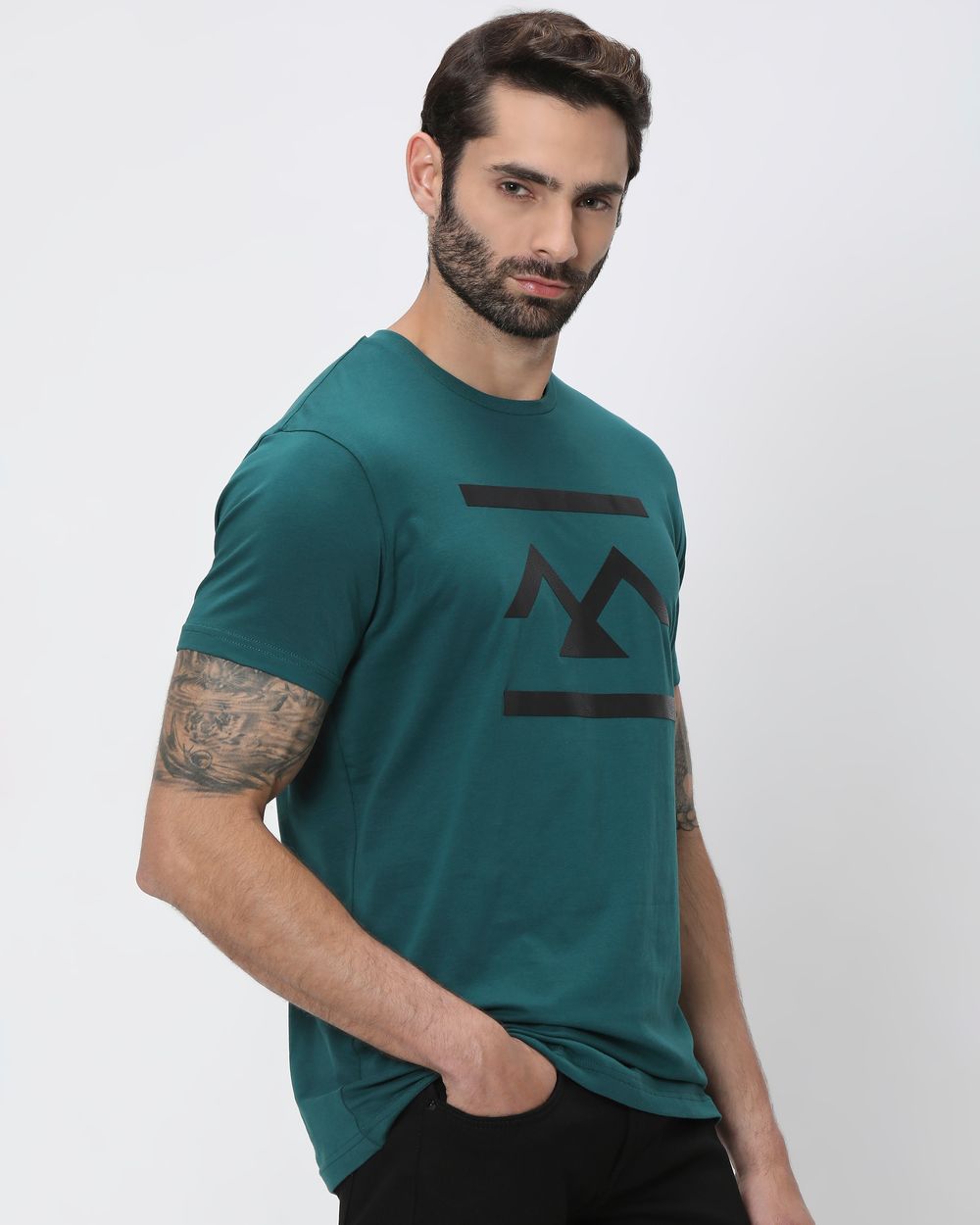 Teal Textured Logo Slim Fit Graphic Tee