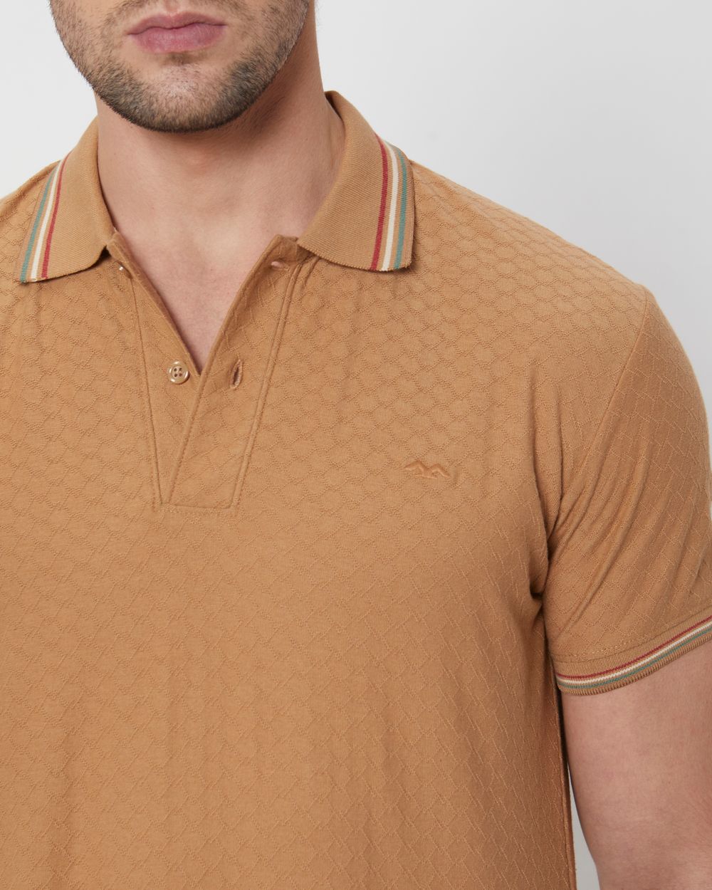 Khaki Textured Tipped Collar Slim Fit Casual Polo