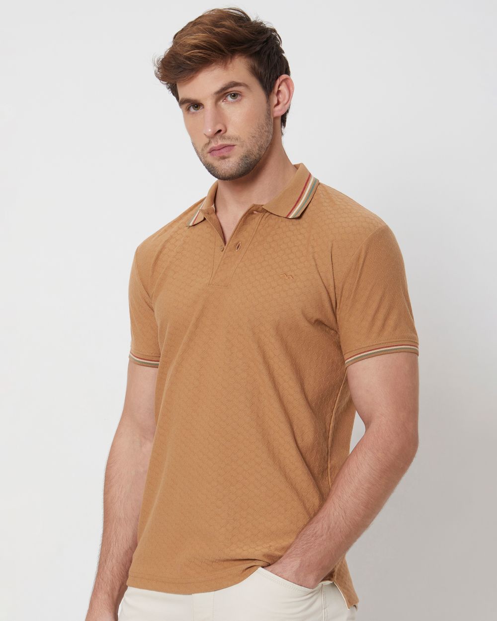Khaki Textured Tipped Collar Slim Fit Casual Polo