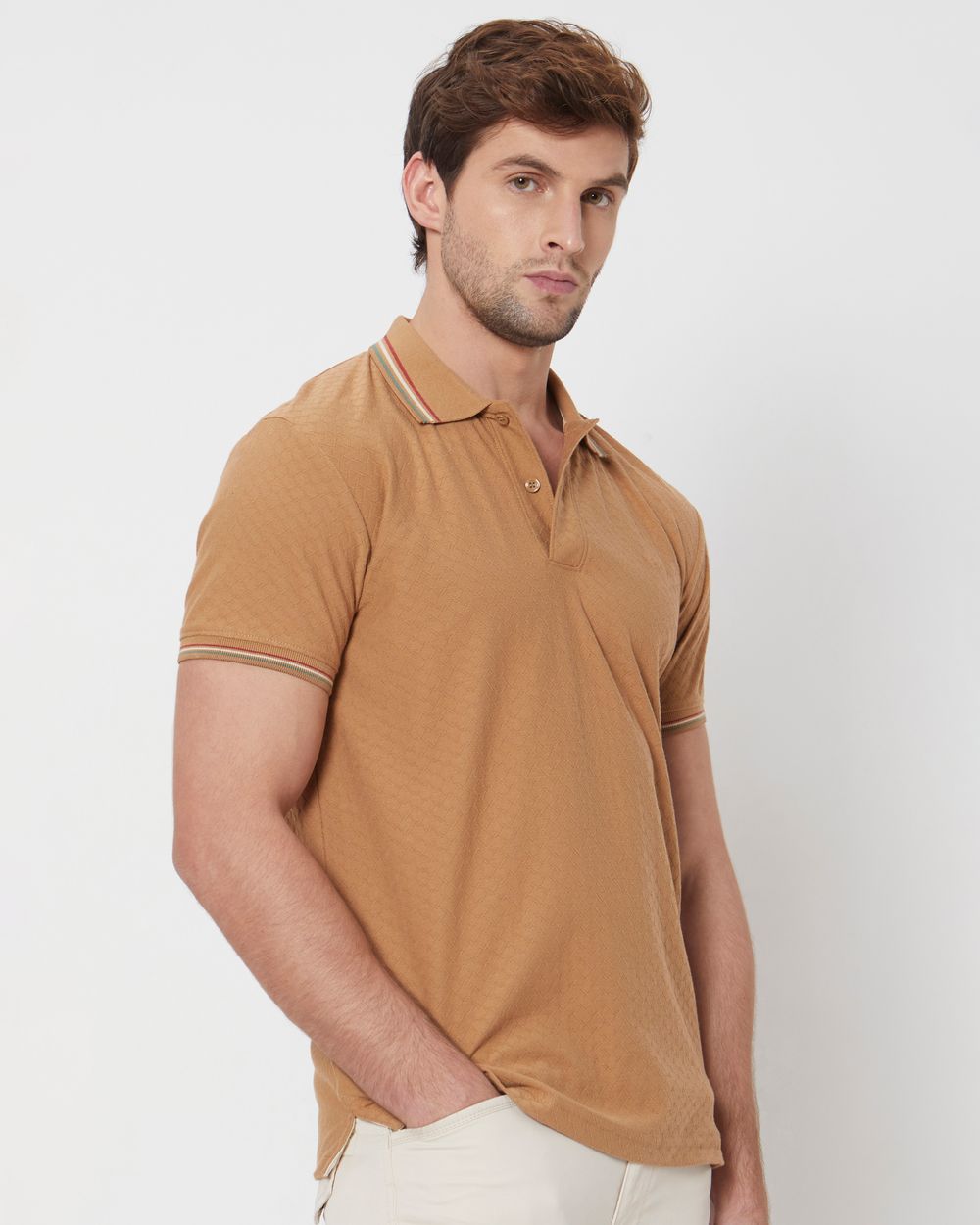Khaki Textured Tipped Collar Slim Fit Casual Polo