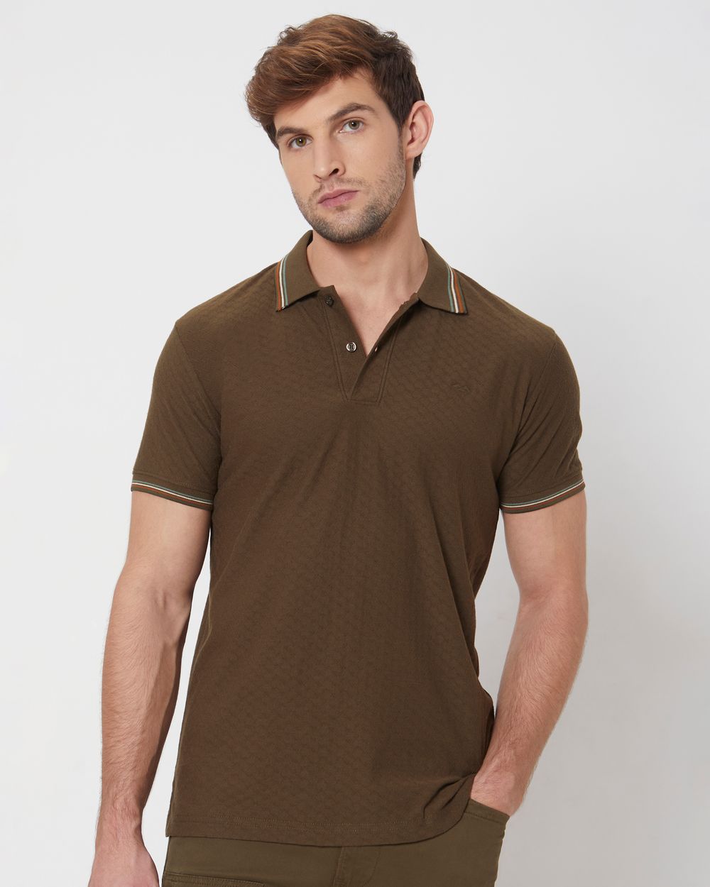 Olive Textured Tipped Collar Slim Fit Casual Polo
