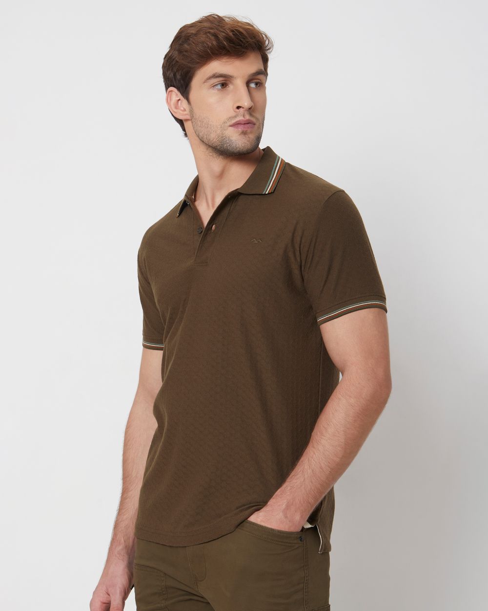 Olive Textured Tipped Collar Slim Fit Casual Polo