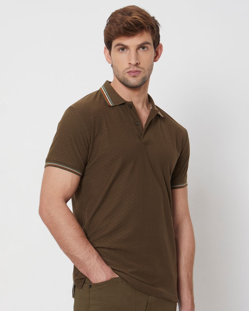 Olive Textured Tipped Collar Slim Fit Casual Polo