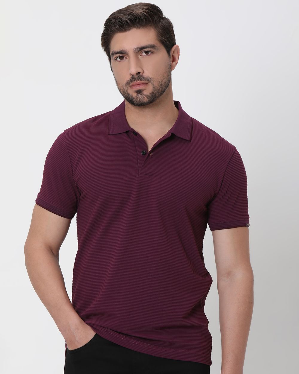 Maroon Textured Plain Slim Fit Polo