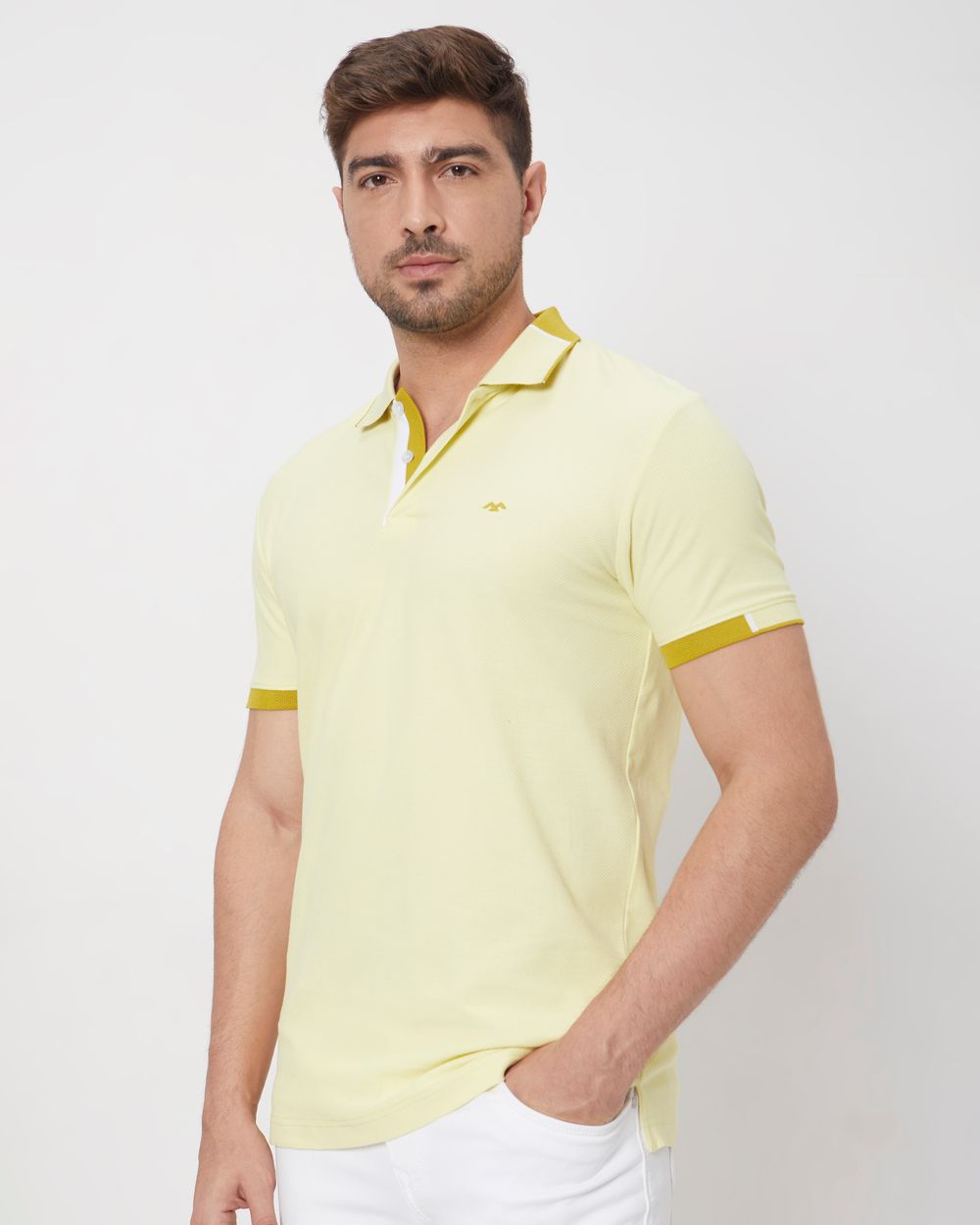 Light Yellow Detail Plain Slim Fit Mini Popcorn T-Shirt
