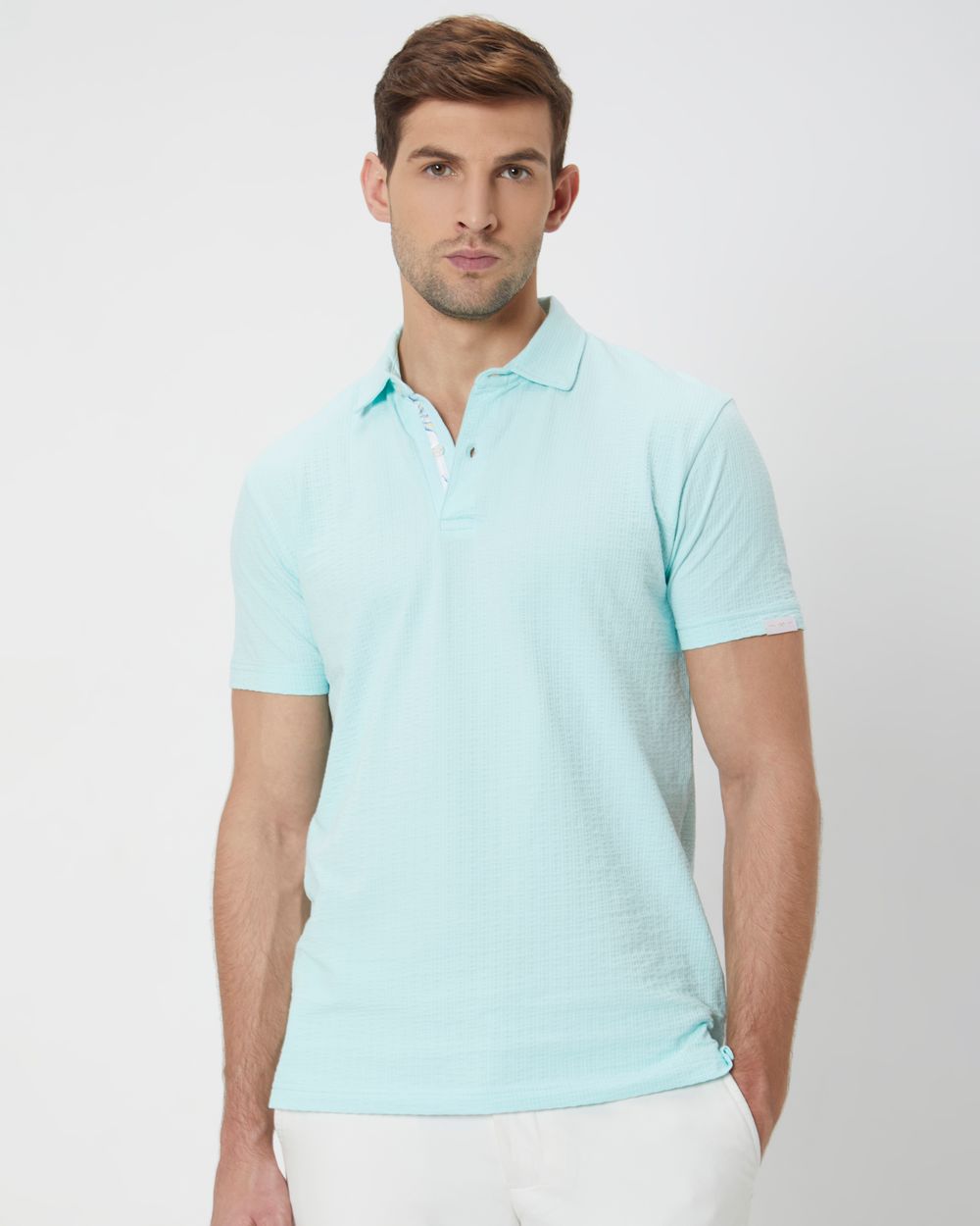 Turquoise Textured Plain Slim Fit Textured Jersey Polo