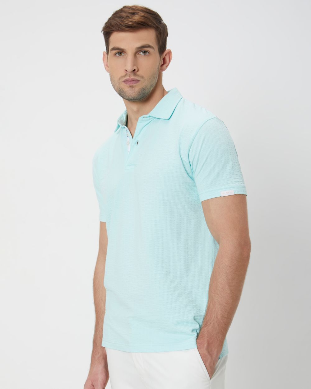 Turquoise Textured Plain Slim Fit Textured Jersey Polo