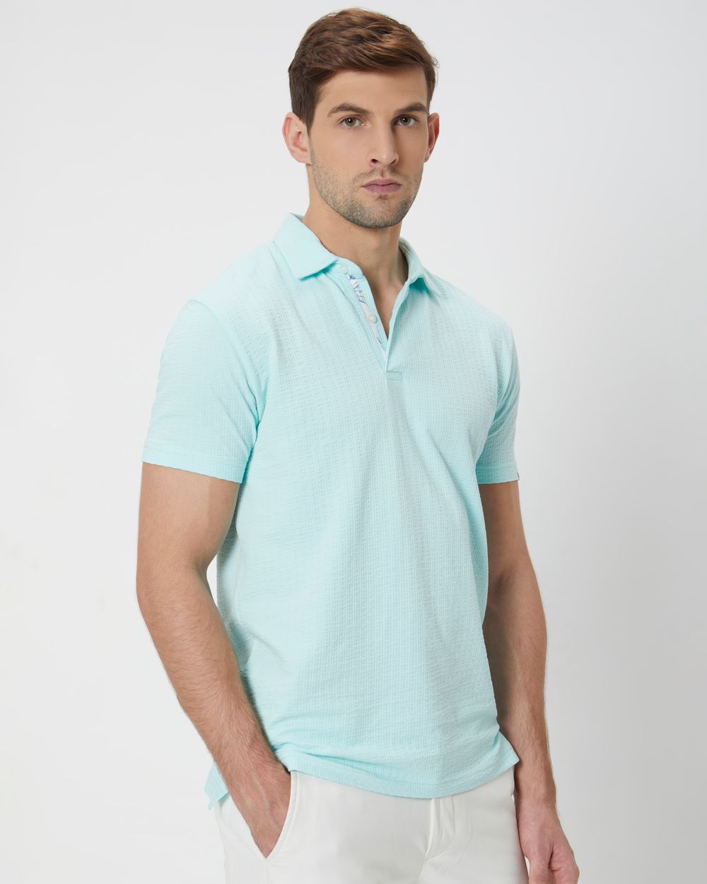 Turquoise Textured Plain Slim Fit Textured Jersey Polo