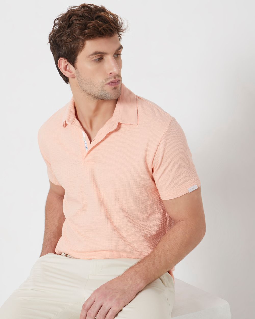 Buy Peach Textured Plain Slim Fit Polo Online at Muftijeans