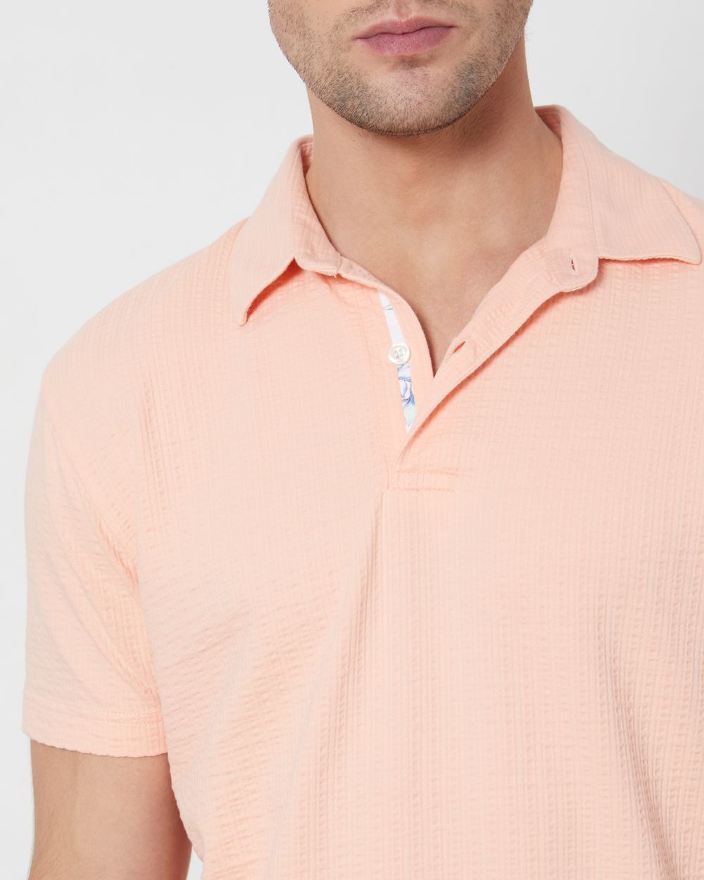 Peach Textured Plain Slim Fit Polo