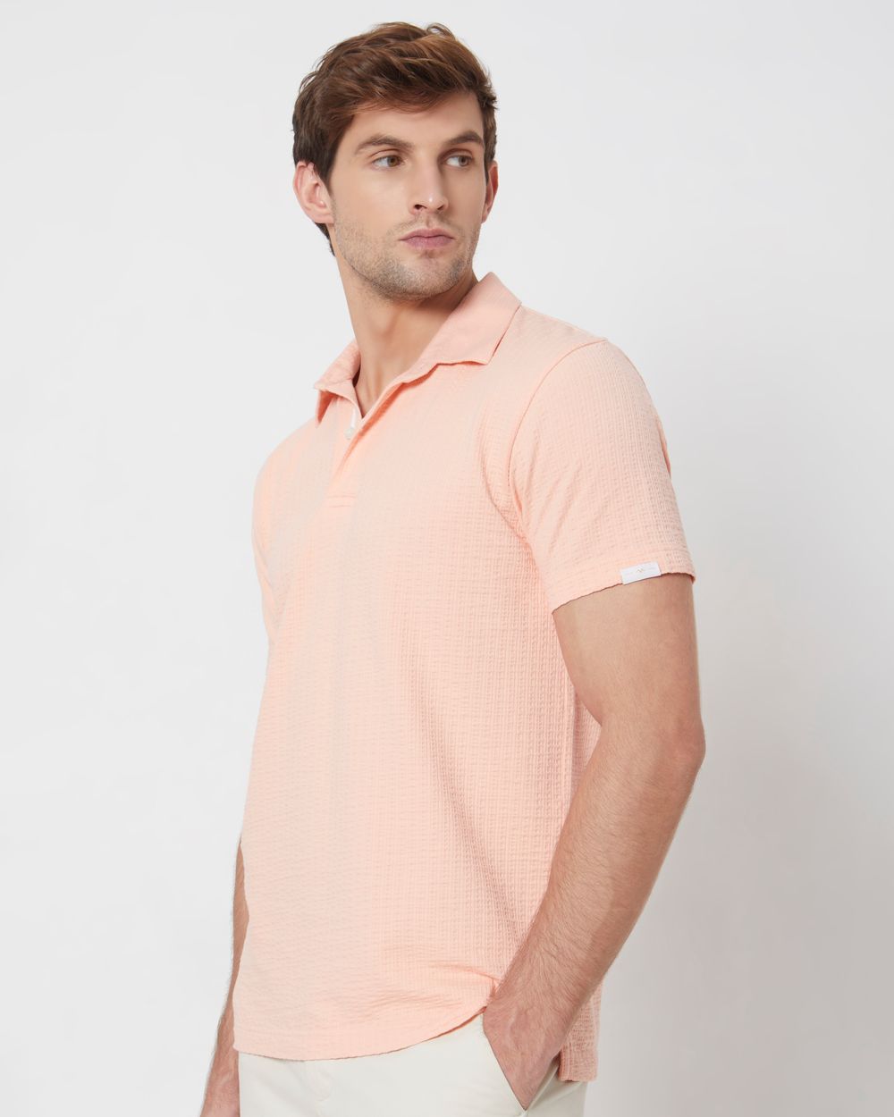 Peach Textured Plain Slim Fit Polo