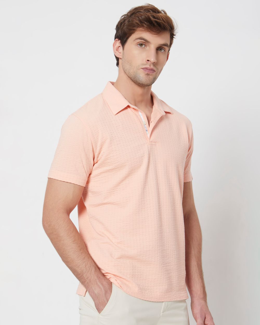 Peach Textured Plain Slim Fit Polo