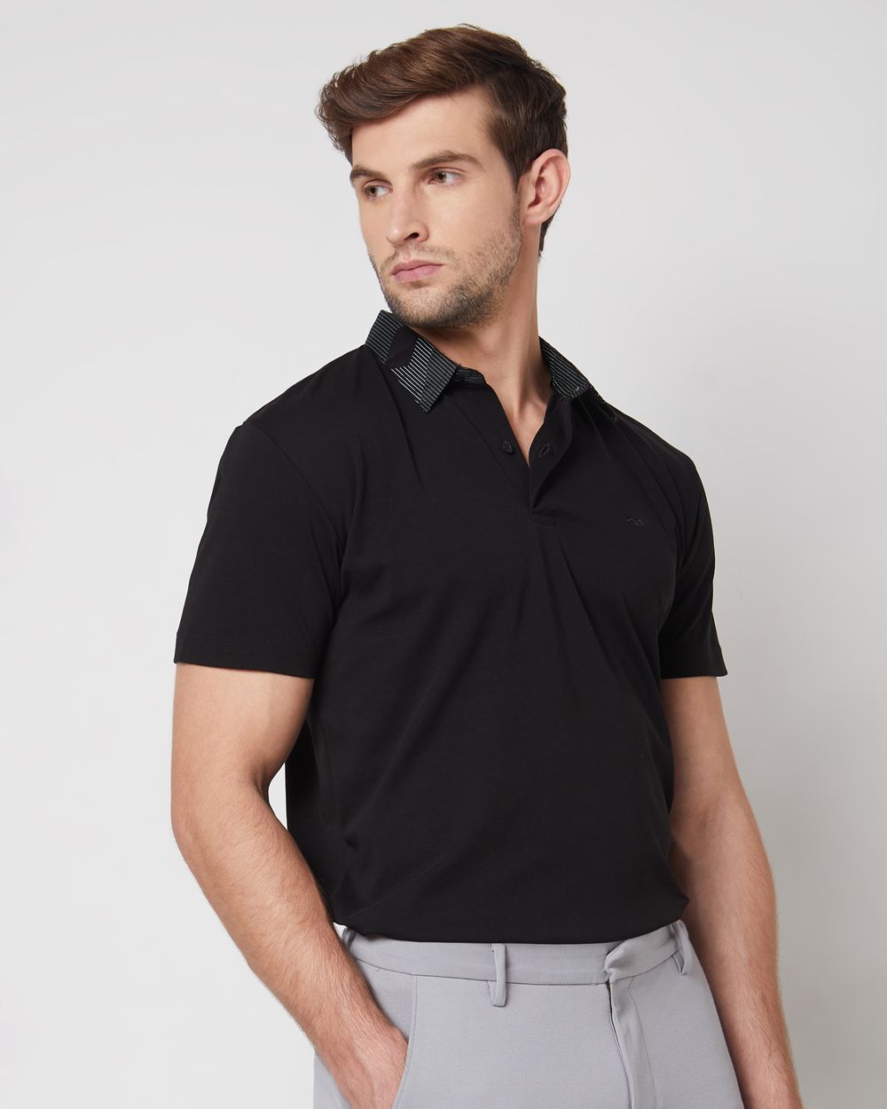 Black Printed Plain Slim Fit Casual Polo