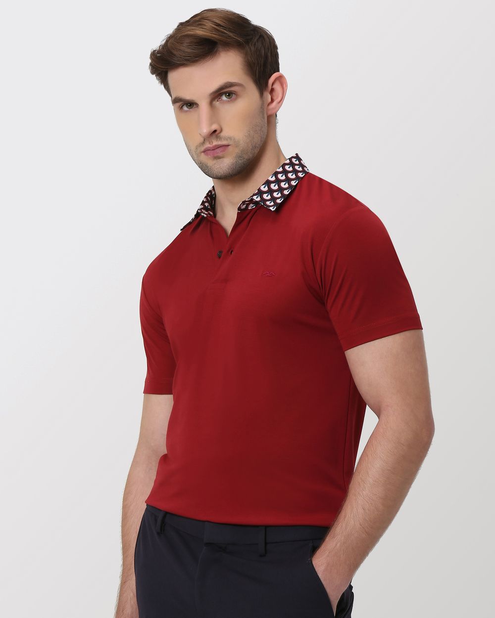Maroon Printed Collar Slim Fit Polo T-Shirt