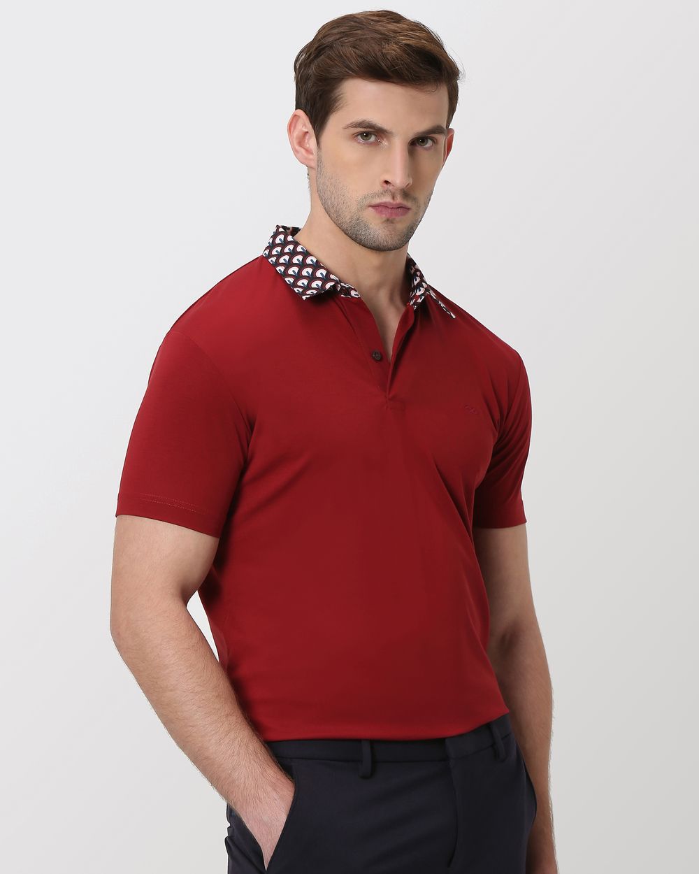 Maroon Printed Collar Slim Fit Polo T-Shirt