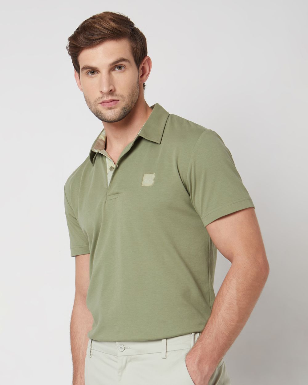 Light Olive Plain Slim Fit Casual Polo
