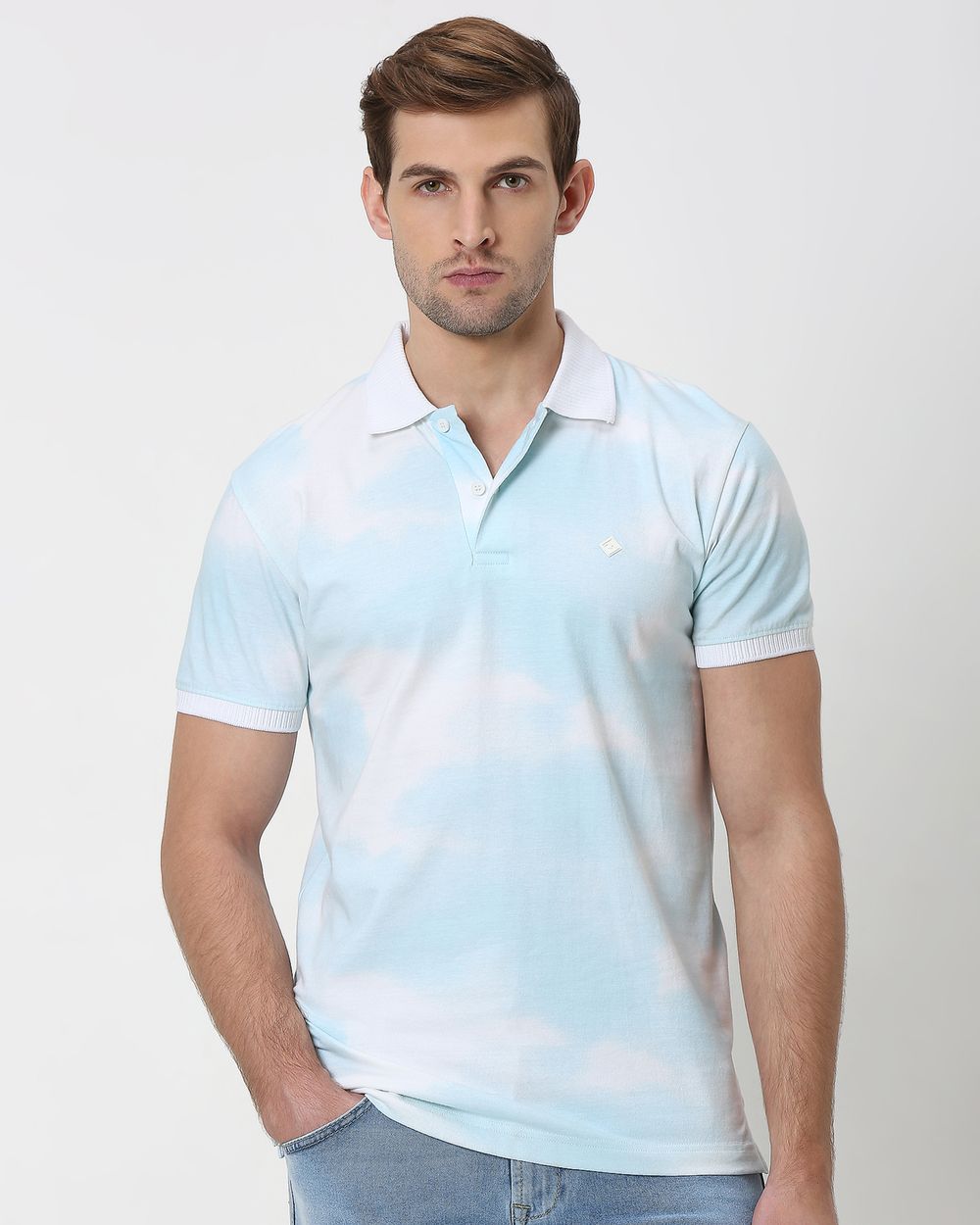 Light Blue Cloud Print Slim Fit Polo T-Shirt