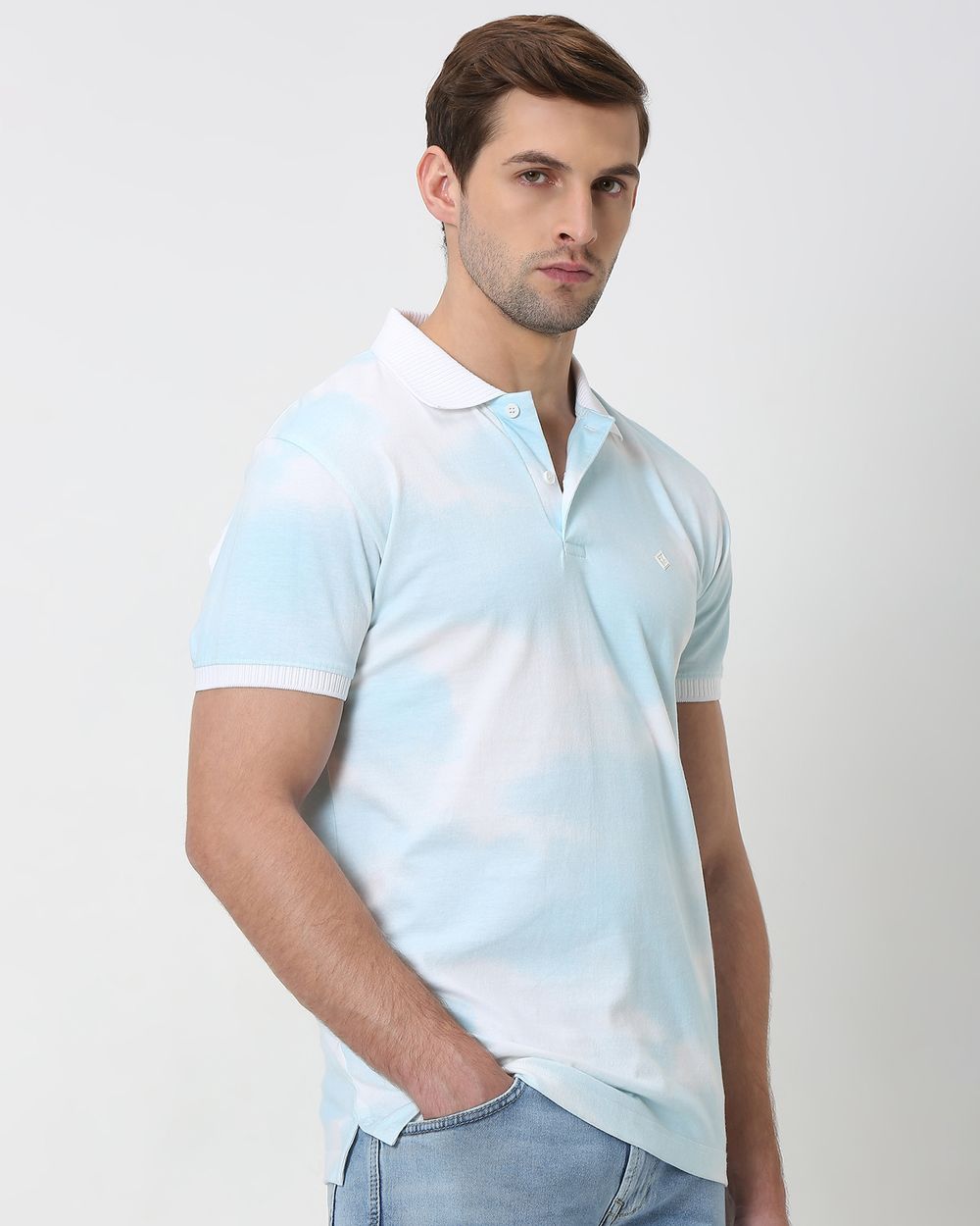 Light Blue Cloud Print Slim Fit Polo T-Shirt