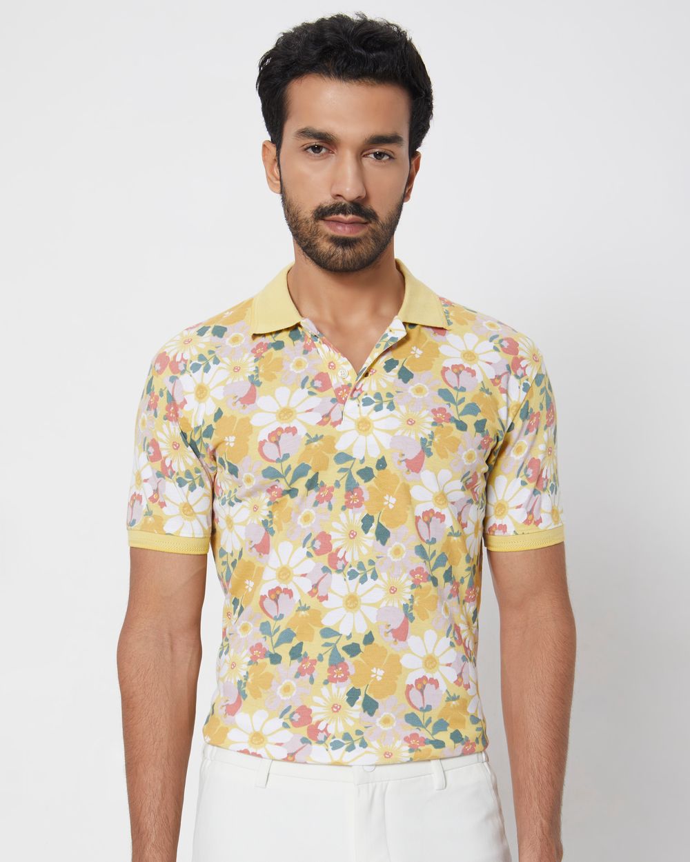 Yellow Floral Print Slim Fit Polo T-Shirt