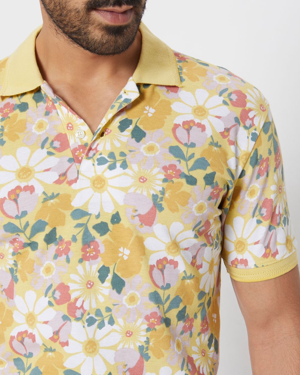 Yellow Floral Print Slim Fit Polo T-Shirt