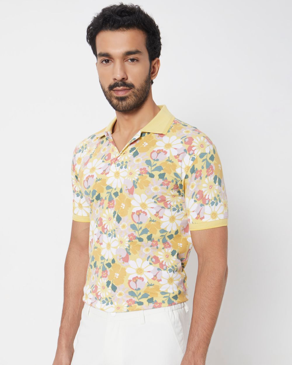 Yellow Floral Print Slim Fit Polo T-Shirt