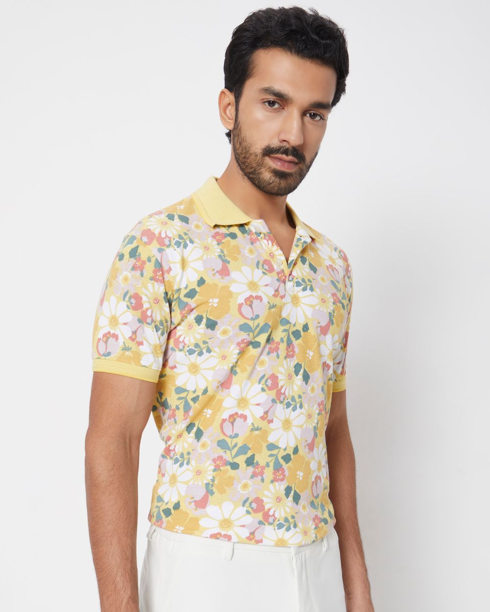 Yellow Floral Print Slim Fit Polo T-Shirt