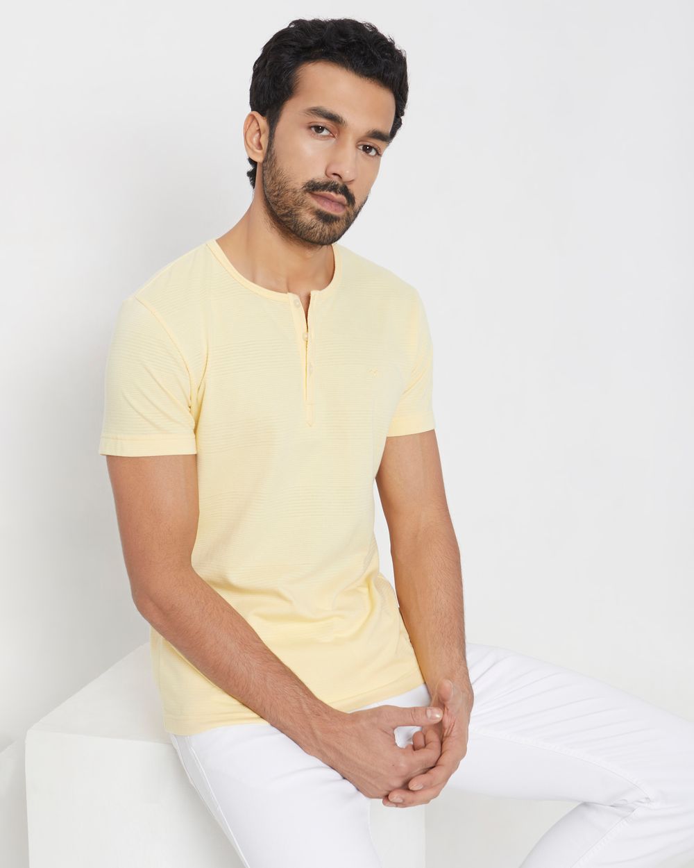 Yellow Textured Plain Slim Fit Henley T-Shirt
