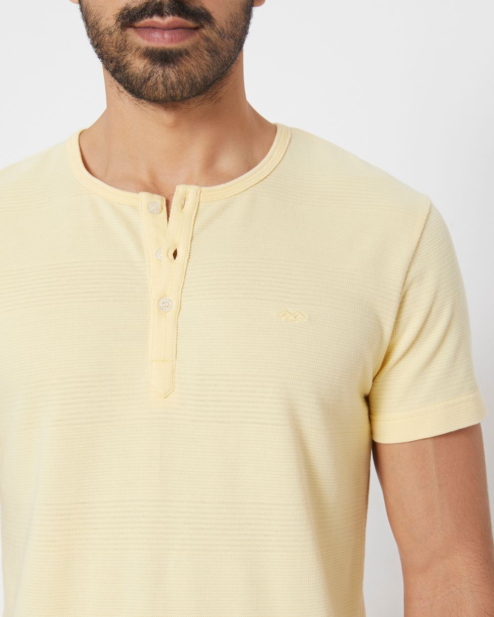 Yellow Textured Plain Slim Fit Henley T-Shirt