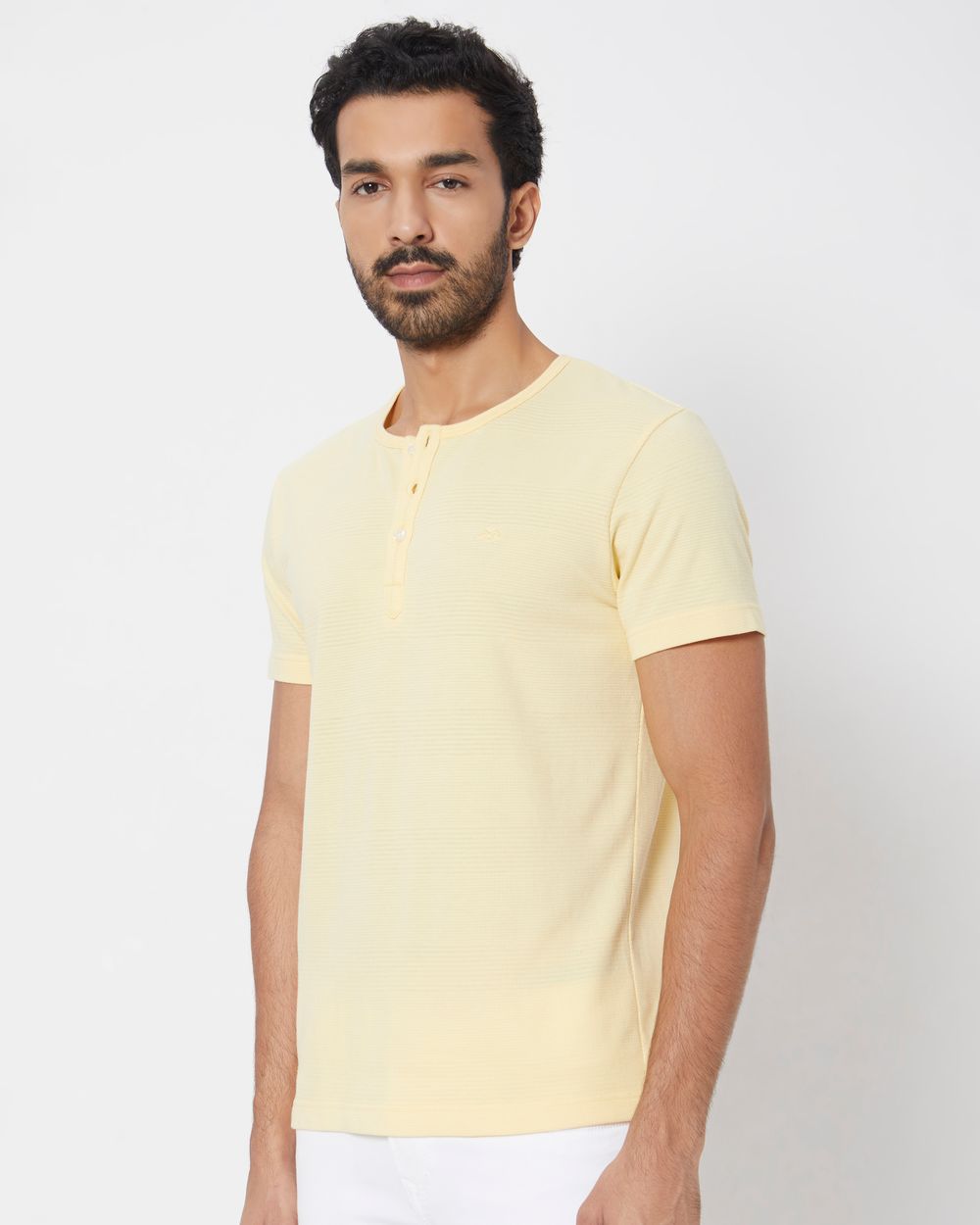 Yellow Textured Plain Slim Fit Henley T-Shirt
