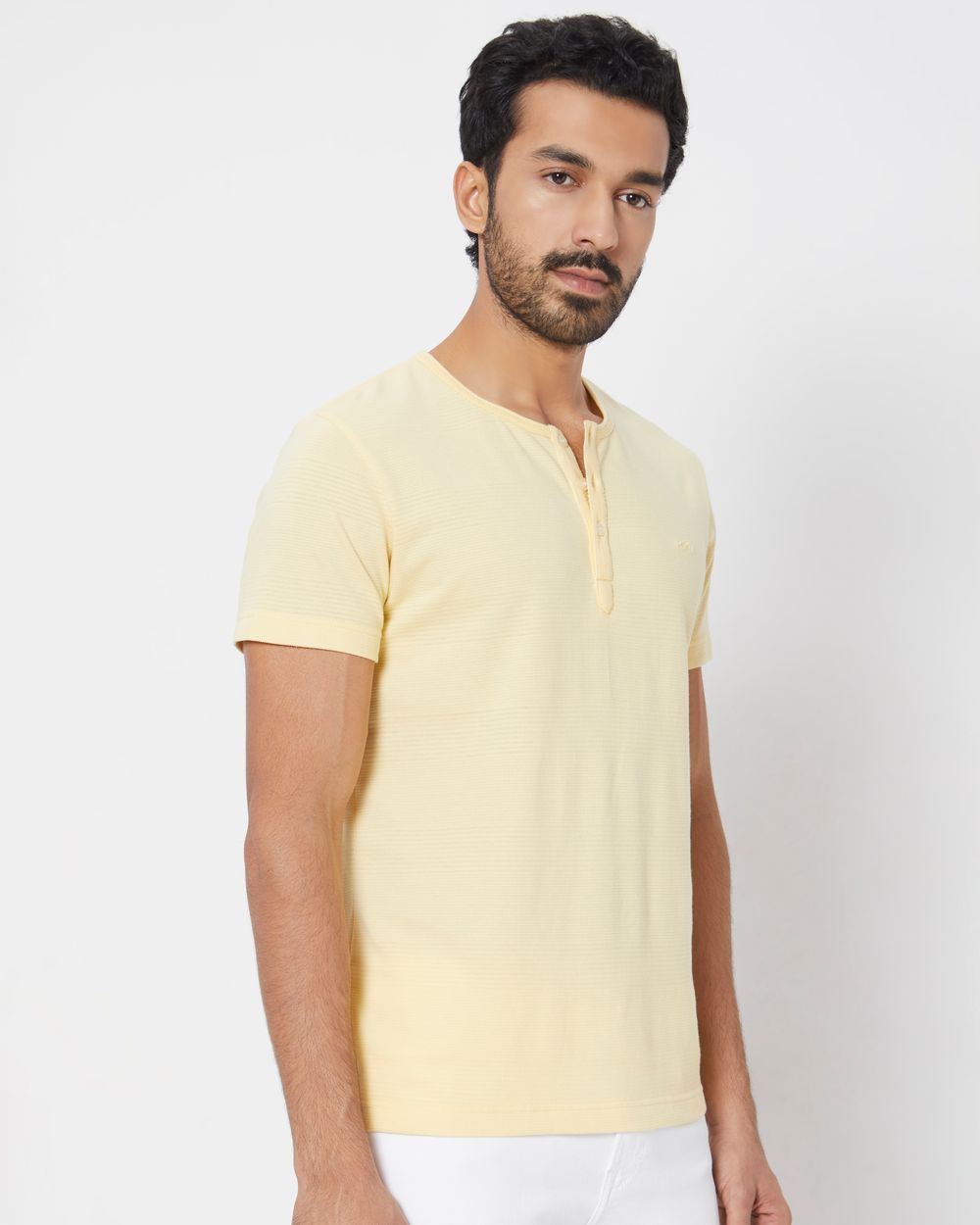 Yellow Textured Plain Slim Fit Henley T-Shirt